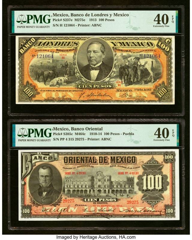 Mexico Banco de Londres y Mexico; Banco Oriental 100 Pesos (2) 1.10.1913; 10.3.1...