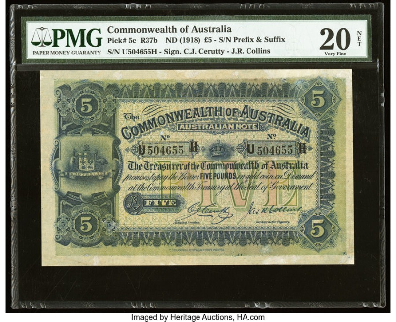 Australia Commonwealth of Australia 5 Pounds ND (1918) Pick 5c R37b PMG Very Fin...