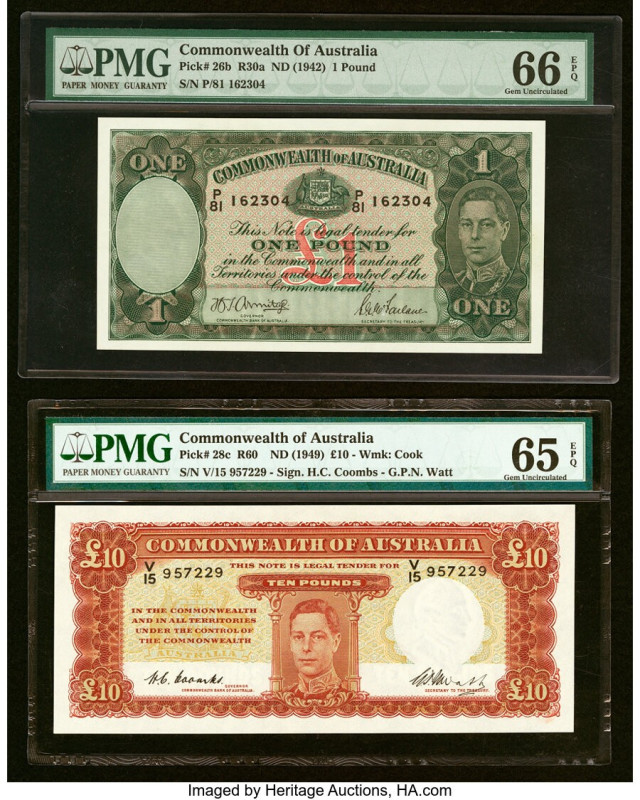 Australia Commonwealth Bank of Australia 1; 10 Pound ND (1942); (1949) Pick 26b;...