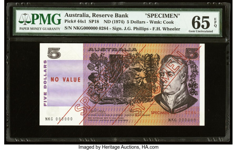 Australia Australia Reserve Bank 5 Dollars ND (1974) Pick 44s1 SP18 Specimen PMG...