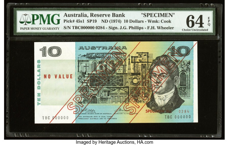 Australia Australia Reserve Bank 10 Dollars ND (1974) Pick 45s1 SP19 Specimen PM...