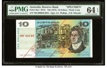 Australia Australia Reserve Bank 10 Dollars ND (1974) Pick 45s1 SP19 Specimen PMG Choice Uncirculated 64 EPQ. A beautiful, rare Specimen from the earl...