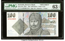 Australia Australia Reserve Bank 100 Dollars ND (1984) Pick 48s SP28 Specimen PMG Choice Uncirculated 63 EPQ. This rare, well preserved Specimen is en...