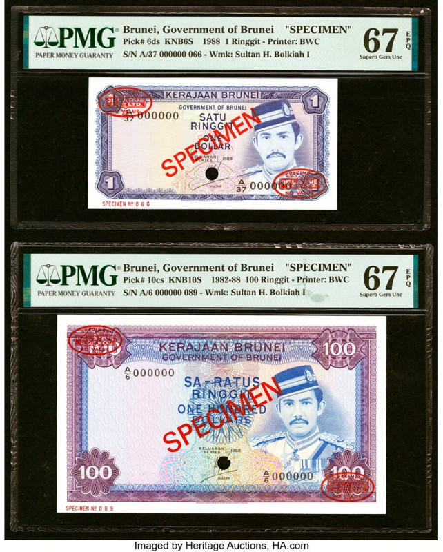 Brunei Government of Brunei 1; 100 Ringgit 1988 Pick 6ds; 10cs Two Specimen PMG ...