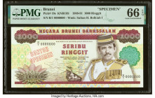 Brunei Negara Brunei Darussalam 1000 Ringgit 1989 Pick 19s KNB19S Specimen PMG Gem Uncirculated 66 EPQ. An attractive multicolor note depicting a shar...