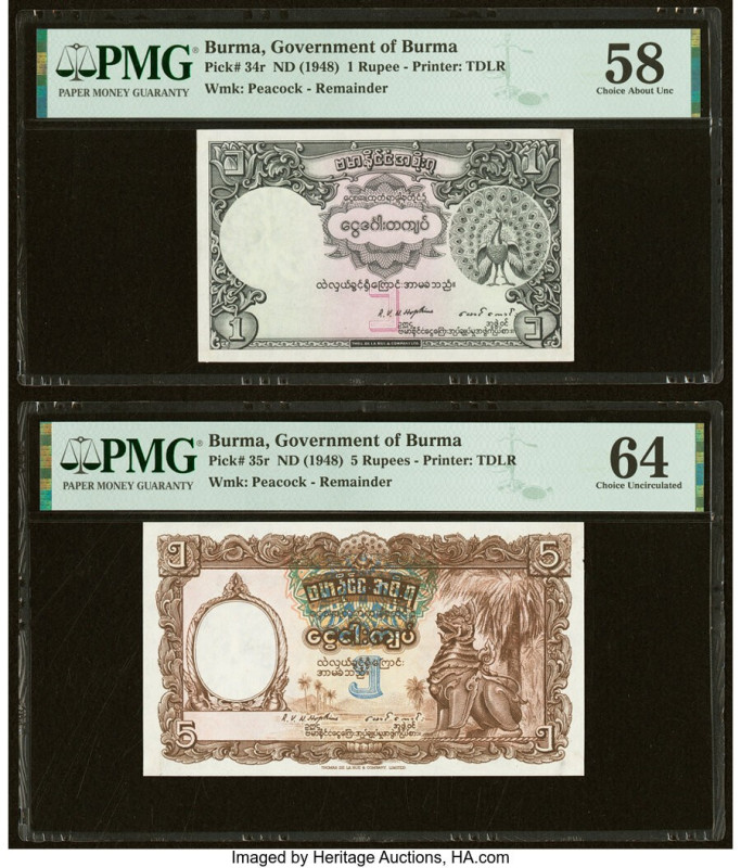 Burma Government of Burma 1; 5 Rupees ND (1948) Pick 34r; 35r Two Remainders PMG...