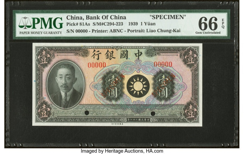 China Bank of China 1 Yuan 1939 Pick 81As S/M#C294 Specimen PMG Gem Uncirculated...
