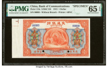 China Bank of Communications 1 Dollar 1913 Pick 110s S/M#C126 Specimen PMG Gem Uncirculated 65 EPQ. A coal fired engine and ocean liner are the hallma...