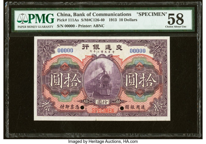 China Bank of Communications 10 Dollars 1.7.1913 Pick 111As S/M#C126-40 Specimen...