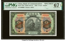 China Bank of Communications, Harbin 5 Yuan 1.12.1920 Pick 129s S/M#C126-141 Specimen PMG Superb Gem Unc 67 EPQ. This outstanding Specimen represents ...