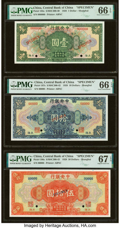 China Central Bank of China, Shanghai 1; 10; 50 Dollars 1928 Pick 195s; 197s; 19...