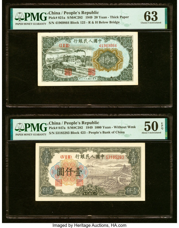 China People's Bank of China 20; 1000 Yuan 1949 Pick 821a; 847a Two Examples PMG...