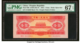 China People's Bank of China 1 Yuan 1953 Pick 866 S/M#C283-10 PMG Superb Gem Unc 67 EPQ. A vibrant issue featuring deep color and an alluring image of...