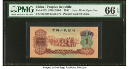 China People's Bank of China 1 Jiao 1960 Pick 873 PMG Gem Uncirculated 66 EPQ. An excellent, well embossed example of the 1 Jiao, the first note of th...