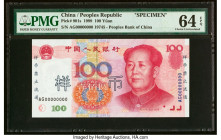 China People's Bank of China 100 Yuan 1999 Pick 901s Specimen PMG Choice Uncirculated 64 EPQ. A lovely representation of this scarce Specimen featurin...