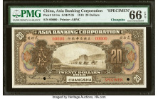 China Asia Banking Corporation, Changsha 20 Dollars 1918 Pick S114s S/M#Y35 Specimen PMG Gem Uncirculated 66 EPQ. A Changsha place of issue is seen on...