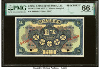 China China Specie Bank Limited, Shanghai 5 Dollars 10.1922 Pick S228As S/M#C261 Specimen PMG Gem Uncirculated 66 EPQ. The China Specie Bank Limited w...