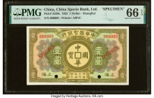 China China Specie Bank Limited, Shanghai 1 Dollar 10.1922 Pick S228s Specimen PMG Gem Uncirculated 66 EPQ. No issued banknotes are available from thi...