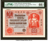 China Deutsch-Asiatische Bank, Peking 100 Dollars 1.7.1914 Pick S277r S/M#T101-24 Remainder PMG Gem Uncirculated 66 EPQ. The Deutsch-Asiatische Bank w...