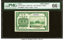 China Mukden Bank of Industrial Development 1 Dollar Bond ND (1918-20) Pick S1323s2 S/M#F7-40 Specimen PMG Gem Uncirculated 66 EPQ. An interesting Spe...