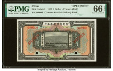 China Yunnan Kor Pick Railway Bank 1 Dollar 1922 Pick Unlisted PMG Gem Uncirculated 66 EPQ. A striking depiction of a train is used as the central des...