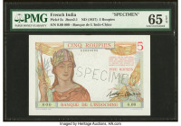 French India Banque de l'Indochine 5 Roupies ND (1946) Pick 5s Jhunjhunwalla-Razack 13.2.1 Specimen PMG Gem Uncirculated 65 EPQ. Superior colors refle...