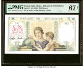 French Indochina Banque de l'Indo-Chine 500 Piastres ND (1939) Pick 57 PMG Superb Gem Unc 67 EPQ. Unique floral designs on a soft color palette create...