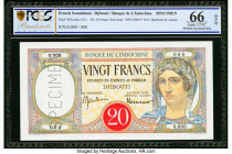 French Somaliland Banque de l'Indochine, Djibouti 20 Francs ND (1928-38) Pick 7Bs Specimen PCGS Banknote Grading Gem UNC 66 OPQ. A well preserved spec...