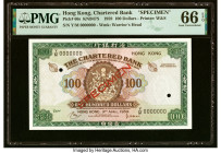 Hong Kong Chartered Bank 100 Dollars 9.4.1959 Pick 66s Specimen PMG Gem Uncirculated 66 EPQ. This scarce Specimen is tied for the second highest grade...