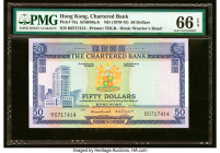 Hong Kong Chartered Bank 50 Dollars ND (1970-75) Pick 75a PMG Gem Uncirculated 66 EPQ. Vibrant inks and excellent embossing create an elusive visual o...
