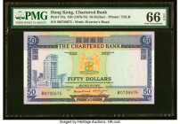 Hong Kong Chartered Bank 50 Dollars ND (1970-75) Pick 75a PMG Gem Uncirculated 66 EPQ. A gorgeous example highlighted by a vignette of a bank building...