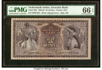 Netherlands Indies Javasche Bank 25 Gulden 25.5.1939 Pick 80b PMG Gem Uncirculated 66 EPQ. Simply beautiful, intricate designs flank this impressive m...