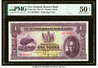 New Zealand Reserve Bank of New Zealand 1 Pound 1.8.1934 Pick 155 PMG About Uncirculated 50 EPQ. Enhancing the front of this pre-war note is a compell...
