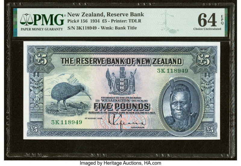 New Zealand Reserve Bank of New Zealand 5 Pounds 1.8.1934 Pick 156 PMG Choice Un...