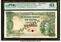 New Zealand Reserve Bank of New Zealand 10 Pounds ND (1940-67) Pick 161s Specimen PMG Choice Uncirculated 63. All intaglio features remain sharp on th...