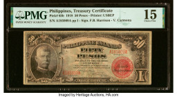 Philippines Treasury Certificate 50 Pesos 1918 Pick 65b PMG Choice Fine 15. A mid-denomination note from an early series that bears Harrison-Carmona s...