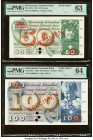 Switzerland National Bank 50; 100 Franken 28.3.1965; 28.3.1963 Pick 48fs; 49es Two Specimen PMG Choice Uncirculated 63; Choice Uncirculated 64. Absolu...