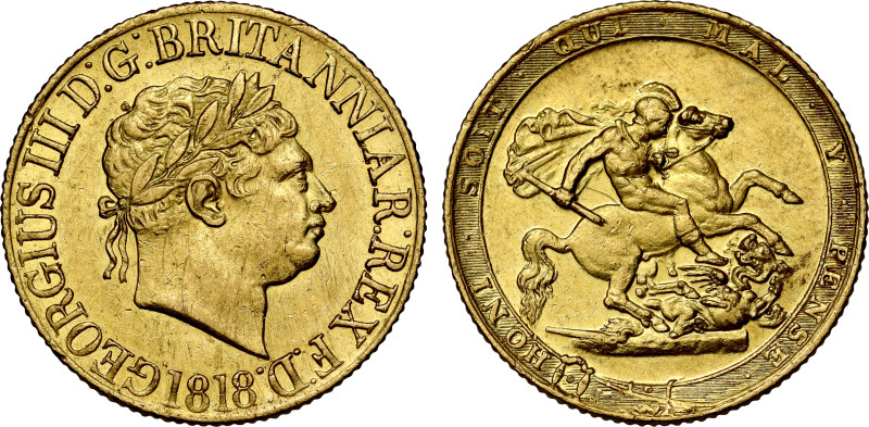 George III 1818 gold Sovereign 

George III (1760-1820), gold Sovereign, 1818,...