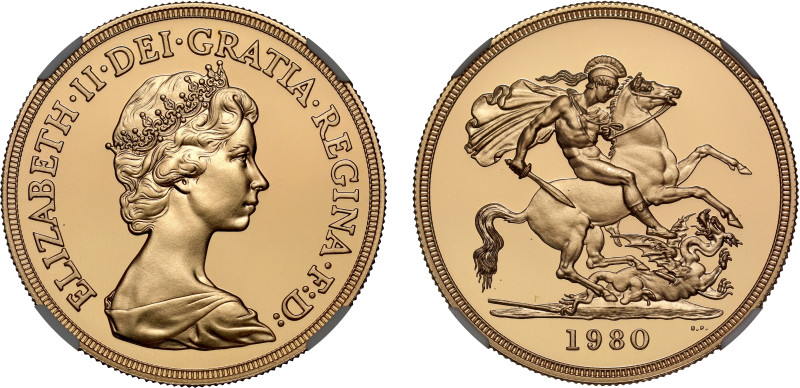 PF70 UCAM | Elizabeth II 1980 gold proof Five Pounds

Elizabeth II (1952-2022)...