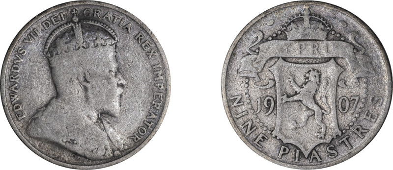 Cyprus. Edward VII, 1901-1910. 9 Piastres, 1907, Royal mint, 5.51g (KM9; Fitikid...