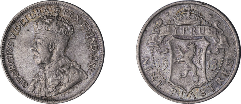 Cyprus. George V, 1910-1936. 9 Piastres, 1913, Royal mint, 5.63g (KM13; Fitikide...