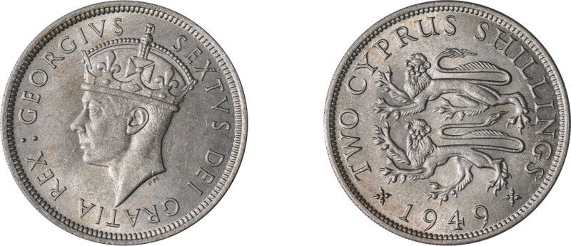 Cyprus. George VI, 1936-1952. 2 Shillings, 1949, Royal mint, 11.26g (KM32; Fitik...