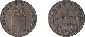 Greece. King Otto, 1832-1862. 5 Lepta, 1851, Fourth Type, Athens mint, 5.92g (KM32; Divo 24a).

Very fine.