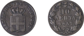 Greece. King Otto, 1832-1862. 10 Lepta, 1857, Third Type, Athens mint, 12.90g (KM29; Divo 20g).

Good fine.
