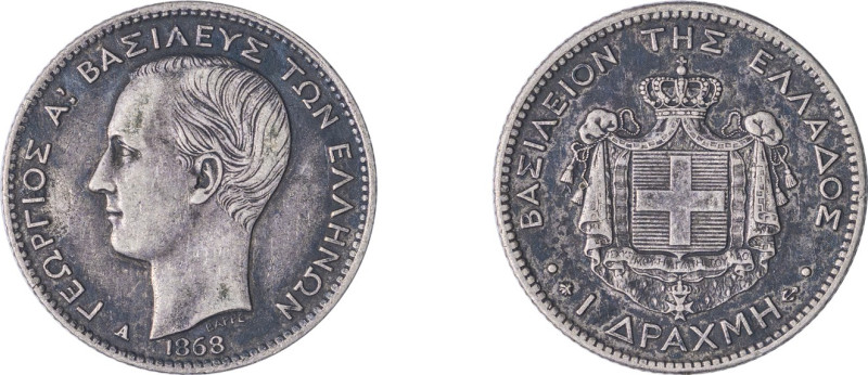 Greece. King George I, 1863-1913. Drachma, 1868A, First Type, Paris mint, 4.97g ...