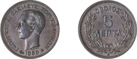 Greece. King George I, 1863-1913. 5 Lepta, 1869BB, First Type, Strasbourg mint, 5.08g (KM42; Divo 63a; IV7).

Good extremely fine.