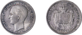 Greece. King George I, 1863-1913. Drachma, 1873A, First Type, Paris mint, 5.00g (KM38; Divo 53b; IV3).

Almost extremely fine.