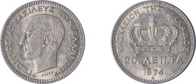 Greece. King George I, 1863-1913. 20 Lepta, 1874A, First Type, Paris mint, 1.00g (KM44; Divo 56a; IV9). 

About uncirculated