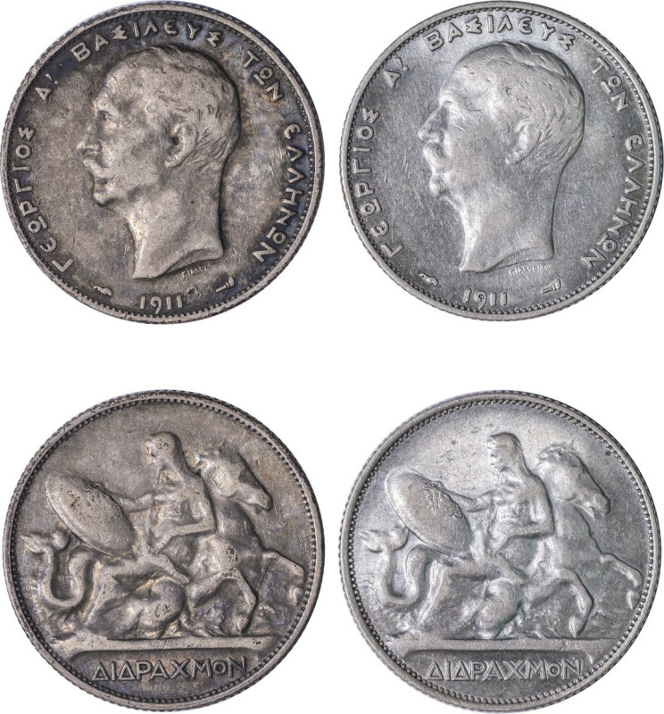 Greece. King George I, 1863-1913. Lot of 2 coins comprised of 2 Drachmai, 1911(a...