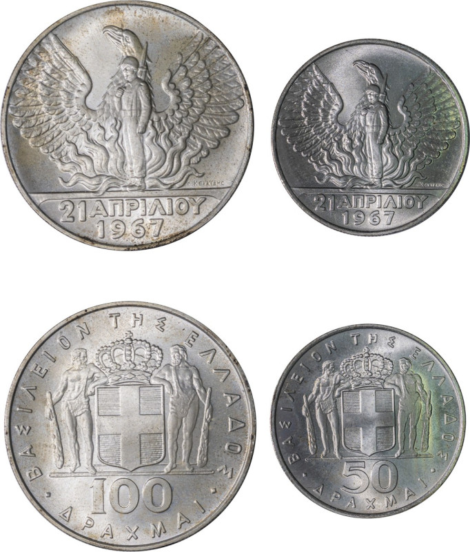 Greece. King Constantine II, 1964-1973. Lot of 2 coins, set of 50 and 100 Drachm...